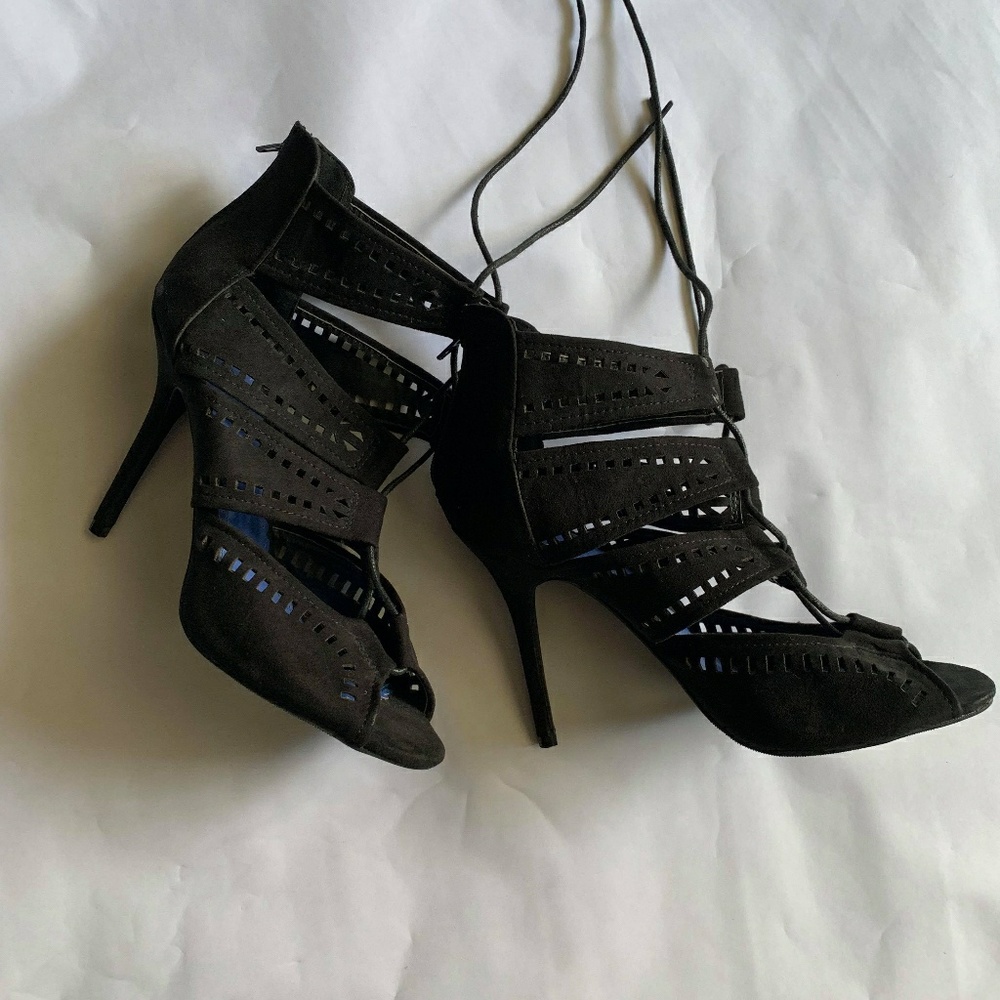 Suede peep toe ankle heels